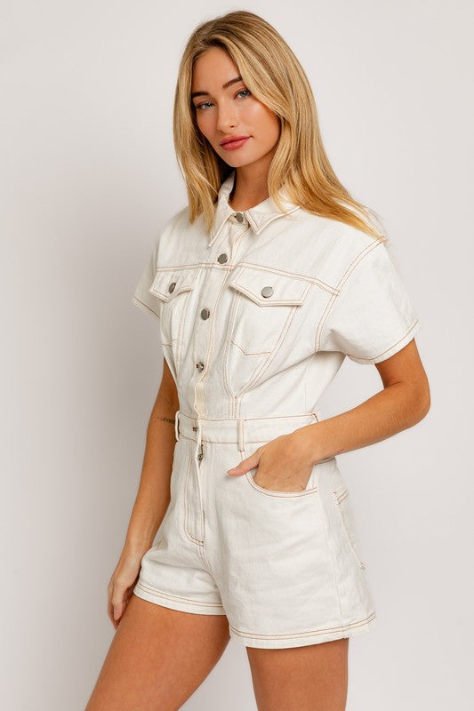 “Palmer” Denim Romper (white)