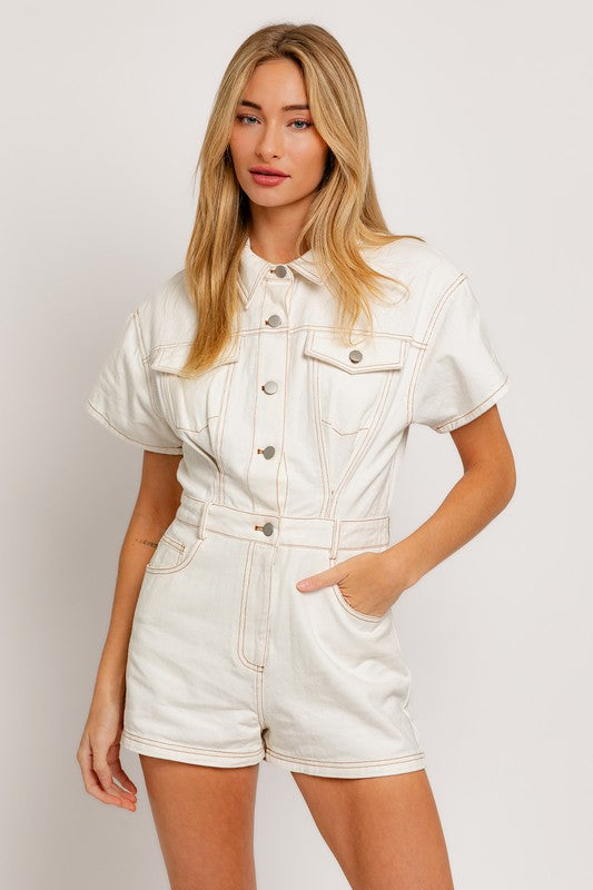 “Palmer” Denim Romper (white)