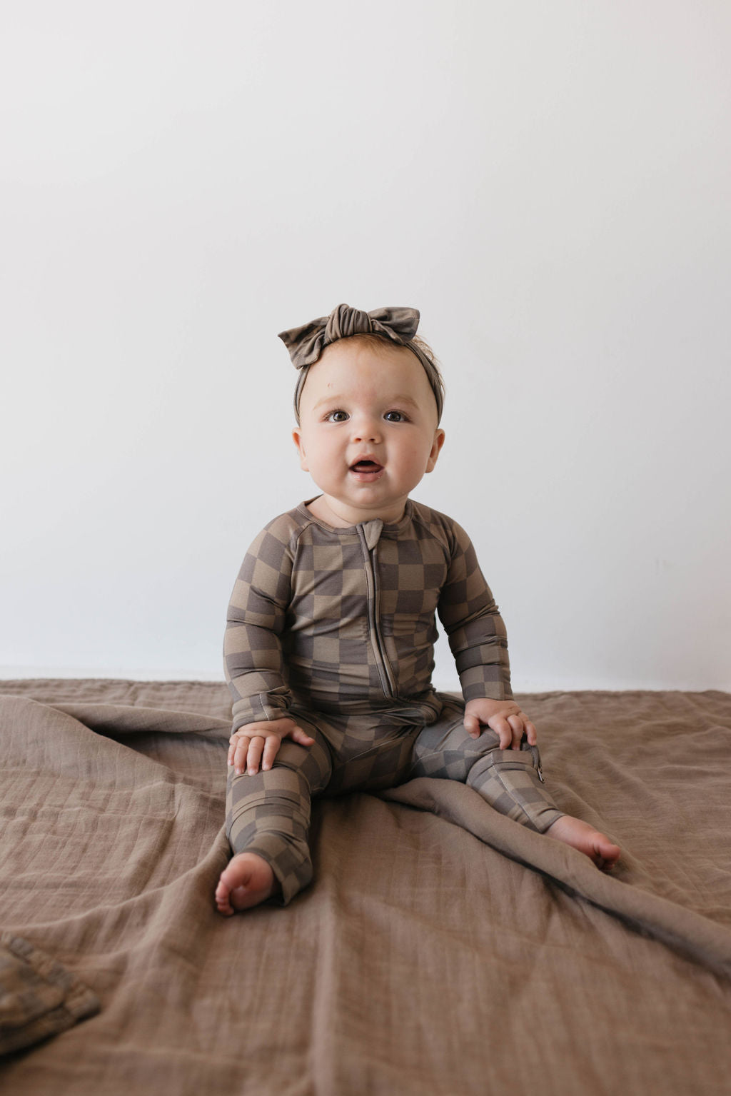 Bamboo Zip Pajamas  | Faded Brown Checkerboard