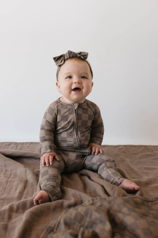 Bamboo Zip Pajamas  | Faded Brown Checkerboard