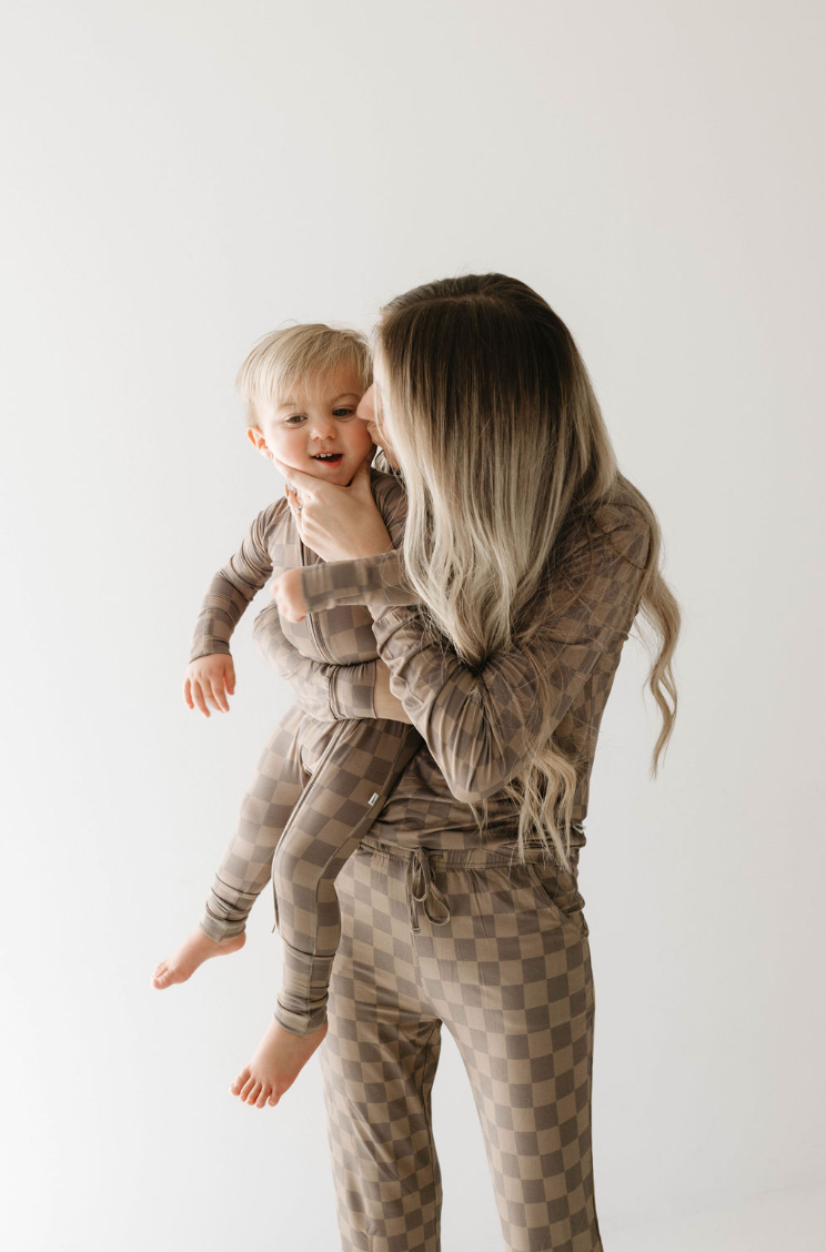 Bamboo Zip Pajamas  | Faded Brown Checkerboard