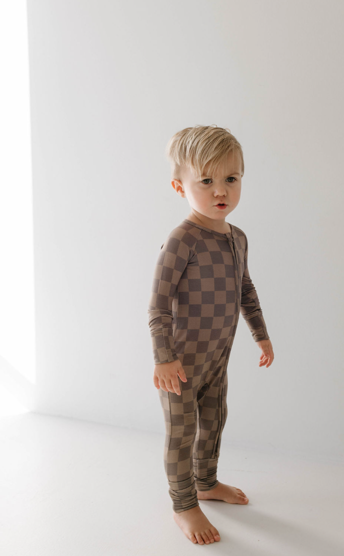 Bamboo Zip Pajamas  | Faded Brown Checkerboard