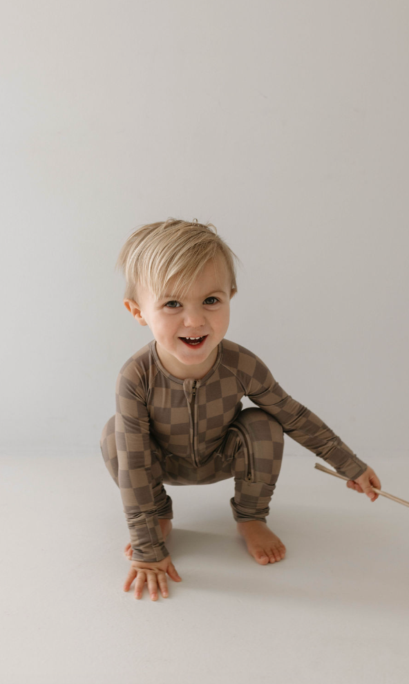 Bamboo Zip Pajamas  | Faded Brown Checkerboard