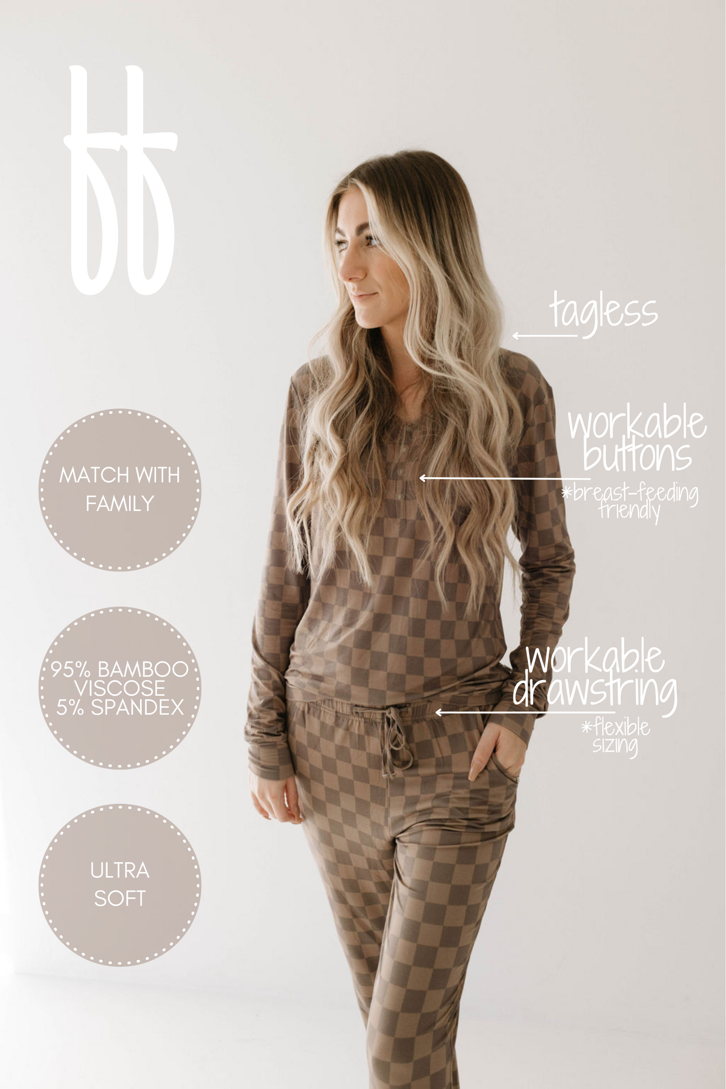 Women's Bamboo Pajamas | Faded Brown Checkerboard