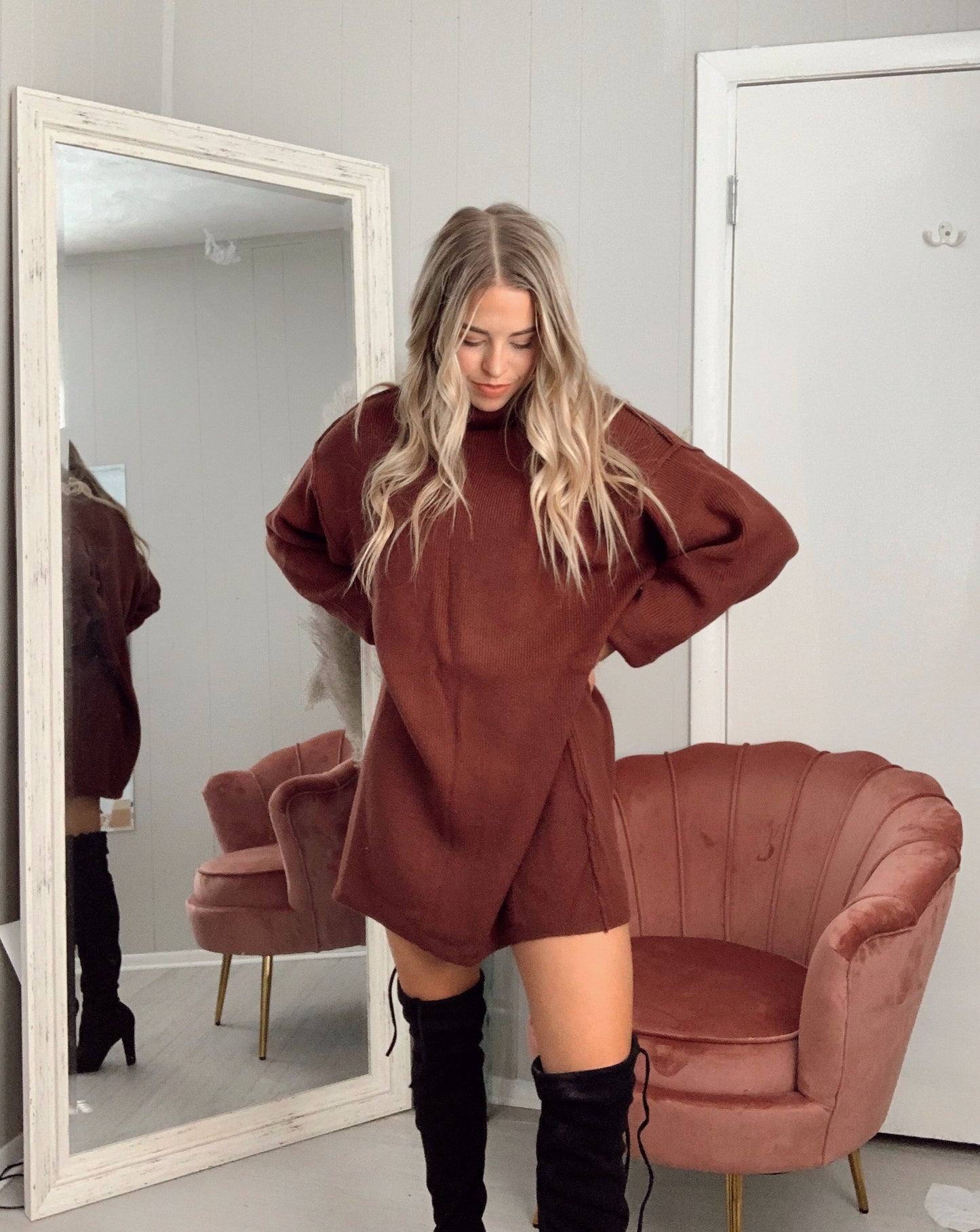 "Sweater Weather" sweater dress (red/ brown)