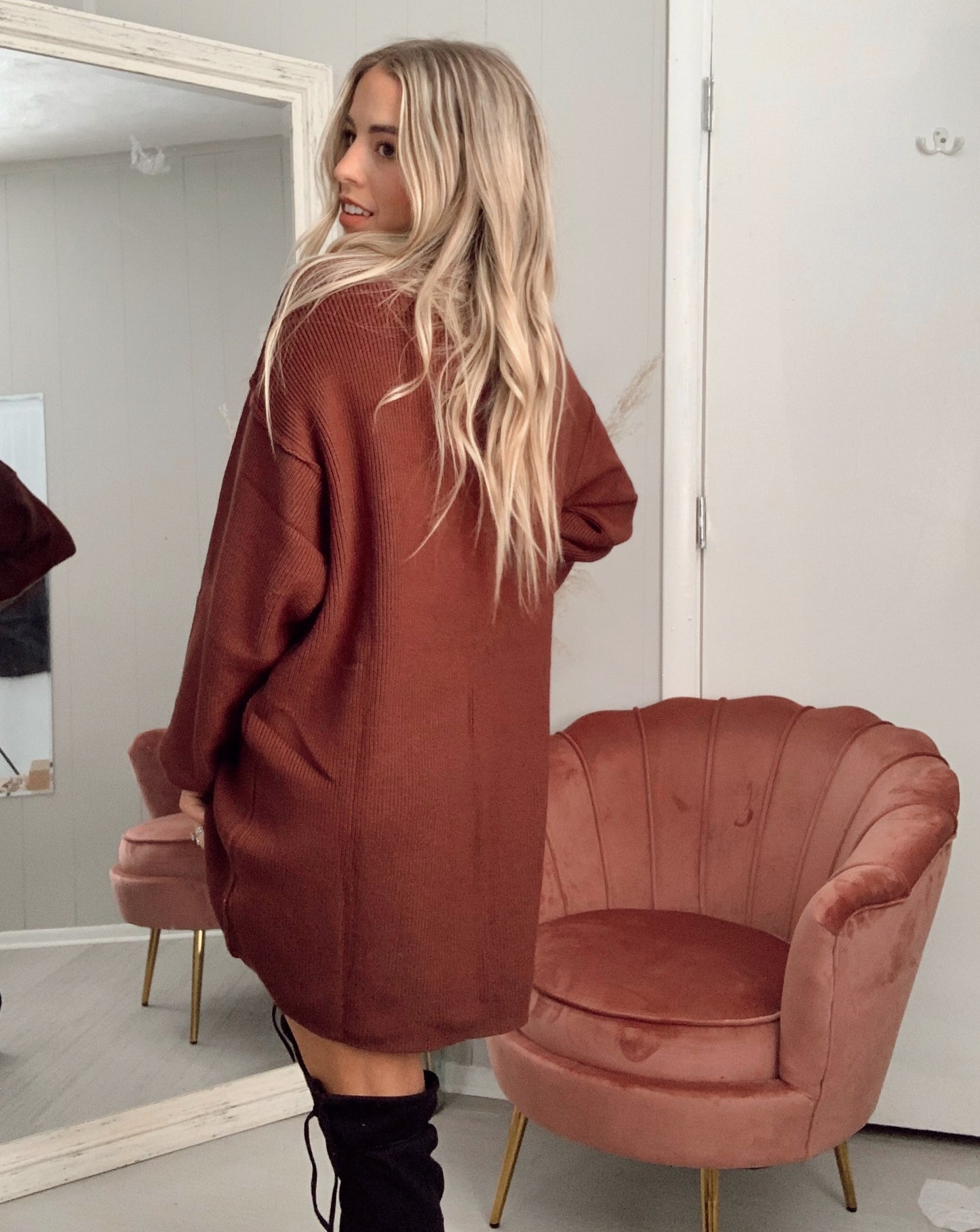 "Sweater Weather" sweater dress (red/ brown)