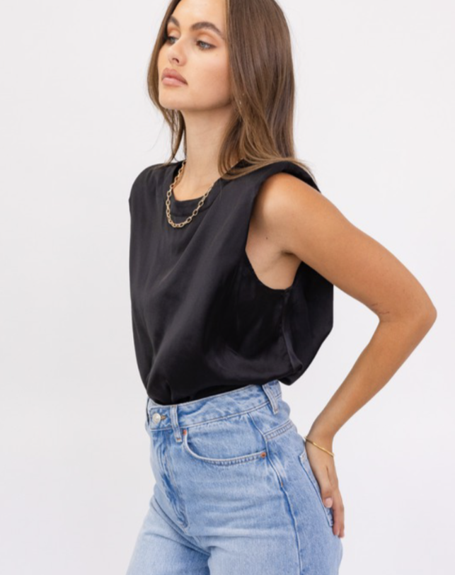 Power shoulder satin top (black)