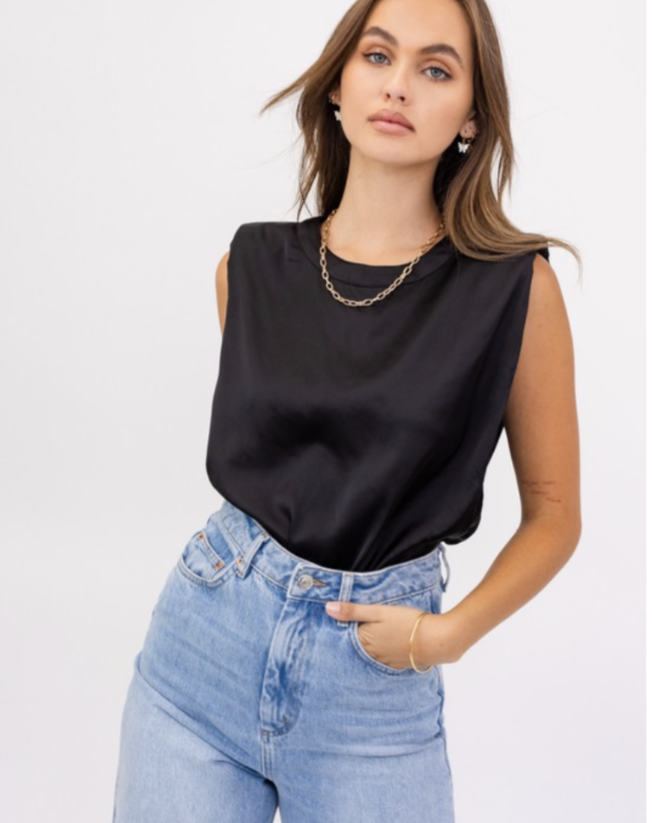 Power shoulder satin top (black)